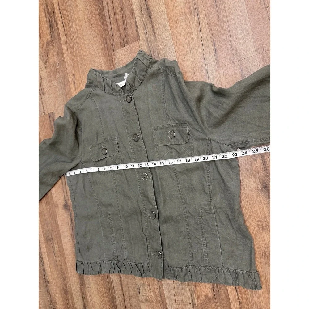 Chico's Linen Utility Jacket Olive Green Ruffle Hem Boho Large‎ XL
